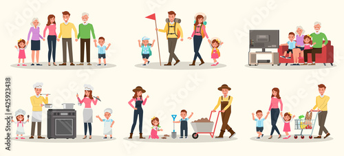 Set of Happy family people mother, father, grandparents and children together character vector design. Presentation in various action with emotions, running, standing and walking.