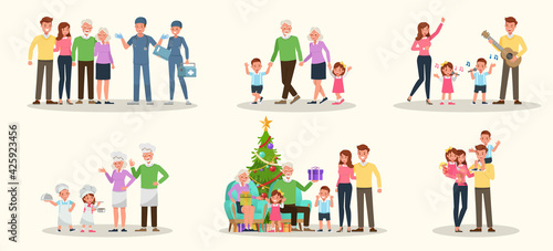 Set of Happy family people mother, father, grandparents and children together character vector design. Presentation in various action with emotions, running, standing and walking. no2
