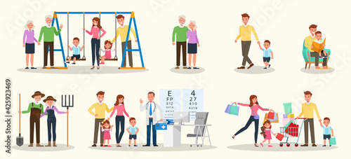 Set of Happy family people mother, father, grandparents and children together character vector design. Presentation in various action with emotions, running, standing and walking. no4