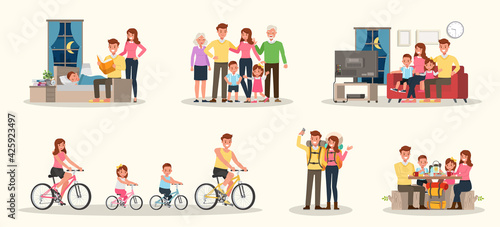 Set of Happy family people mother, father, grandparents and children together character vector design. Presentation in various action with emotions, running, standing and walking. no8 photo