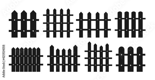 Fence black silhouette flat cartoon set. Rural wooden fences, pickets garden wood wall house concepts. Hand drawn picket, pasture, fence and wall, collection. Isolated vector illustration