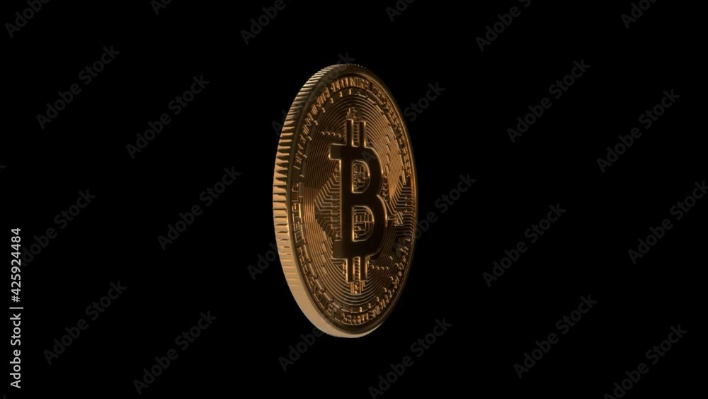 Golden bitcoin coin. Crypto currency golden coin bitcoin symbol isolated on black background. Digital Currency Symbol. The coin is spinning. 3d animation loop of 4K with alpha channel mask