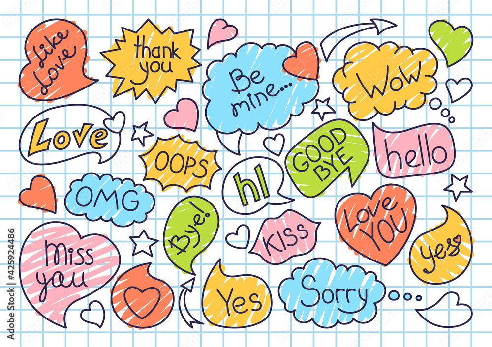 Fototapeta premium Speech bubble sketch doodle set, background in cage, notebook. Pop art design elements dialog clouds with text banner. Speech thought blobs icon comics book. Hand drawn cartoon vector illustration