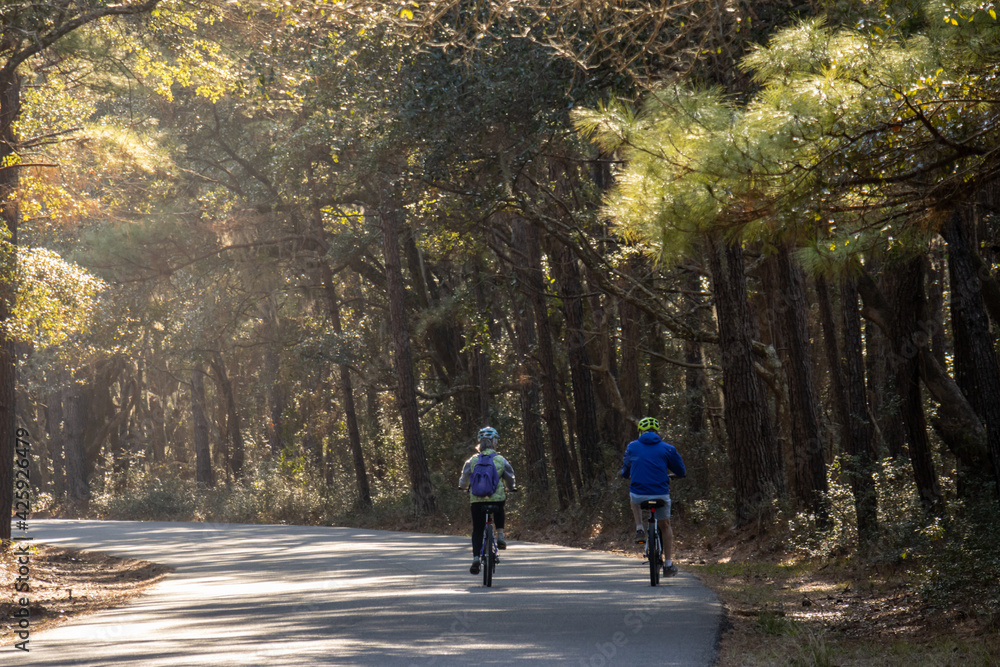 Fototapeta premium couple riding bikes through Huntington Beach State Park