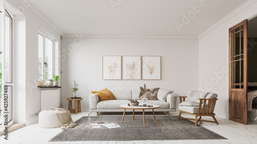 Modern interior design for home, office, interior details, upholstered furniture on a white wall background.