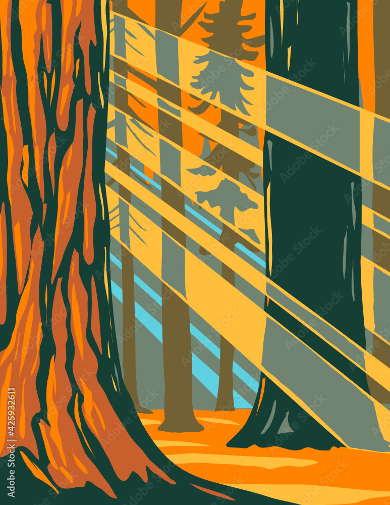 WPA poster art of sunlight through the giant sequoia trees of Sequoia