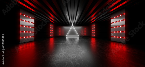 Sci Fy neon lamps in a dark tunnel. Reflections on the floor and walls. 3d rendering image.