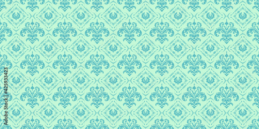 Ethnic pattern with floral ornaments on a green background, wallpaper. Seamless pattern, texture for your design. Vector image