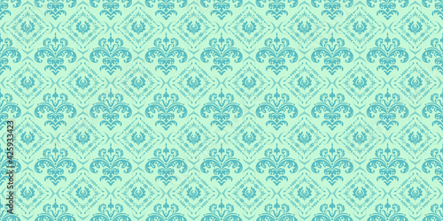 Ethnic pattern with floral ornaments on a green background, wallpaper. Seamless pattern, texture for your design. Vector image