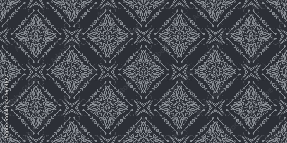 Ethnic background pattern with gray elements on a black background, wallpaper. Seamless pattern, texture for your design. Vector illustration 