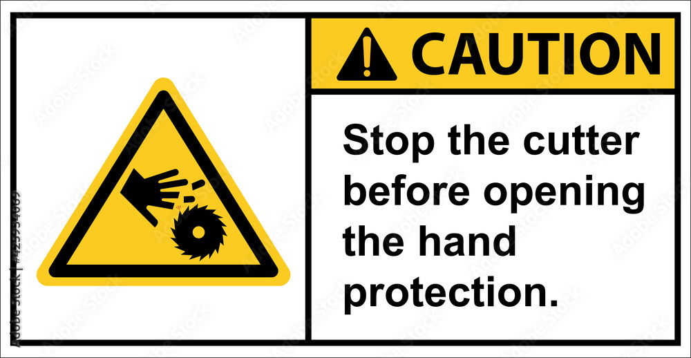 Warning sign, be careful with the saw blade cut.,Caution sign