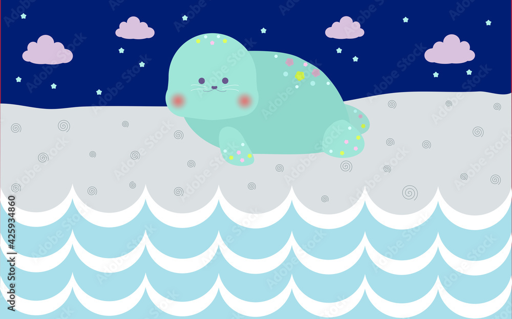 Cute fantasy seal at the beach at night staring into the ocean waves. Isolated vector of a seal on a beach background. Card, invitation, more