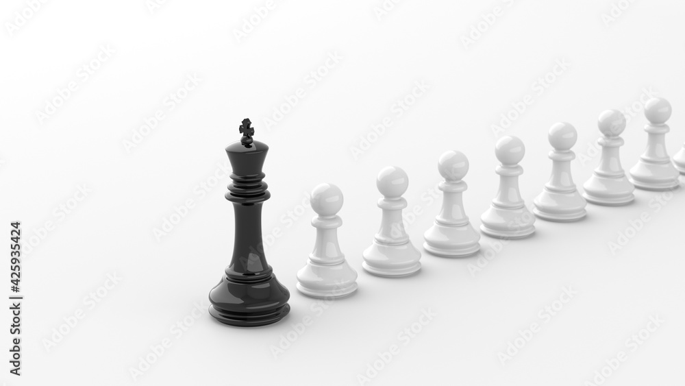 Leadership concept, black king of chess, standing out from the crowd of white pawns, on white background. 3D Rendering Leadership concept, black king of chess, standing out from the crowd of white pawns, on white background. 3D Rendering