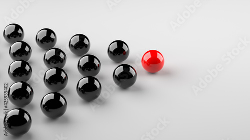 Leadership concept, red leader ball leading black balls, on white background with empty copy space on right side. 3D Rendering