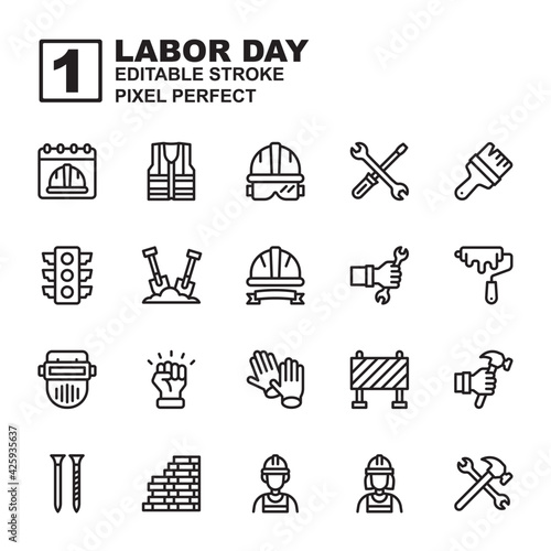 Icon set Labor day made with black glyph technique, contains a labor day, helmet, labor man and woman and more. You can be used for web, mobile, ui and more. Editable stroke and pixel perfect.