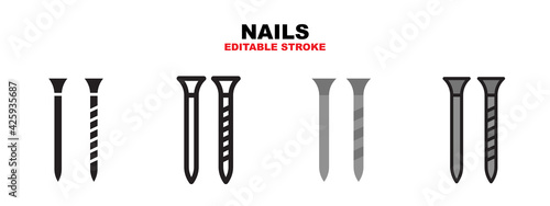 Nails icon set with different styles. Icons designed in filled, outline, flat, glyph and line colored. Editable stroke and pixel perfect. Can be used for web, mobile, ui and more.