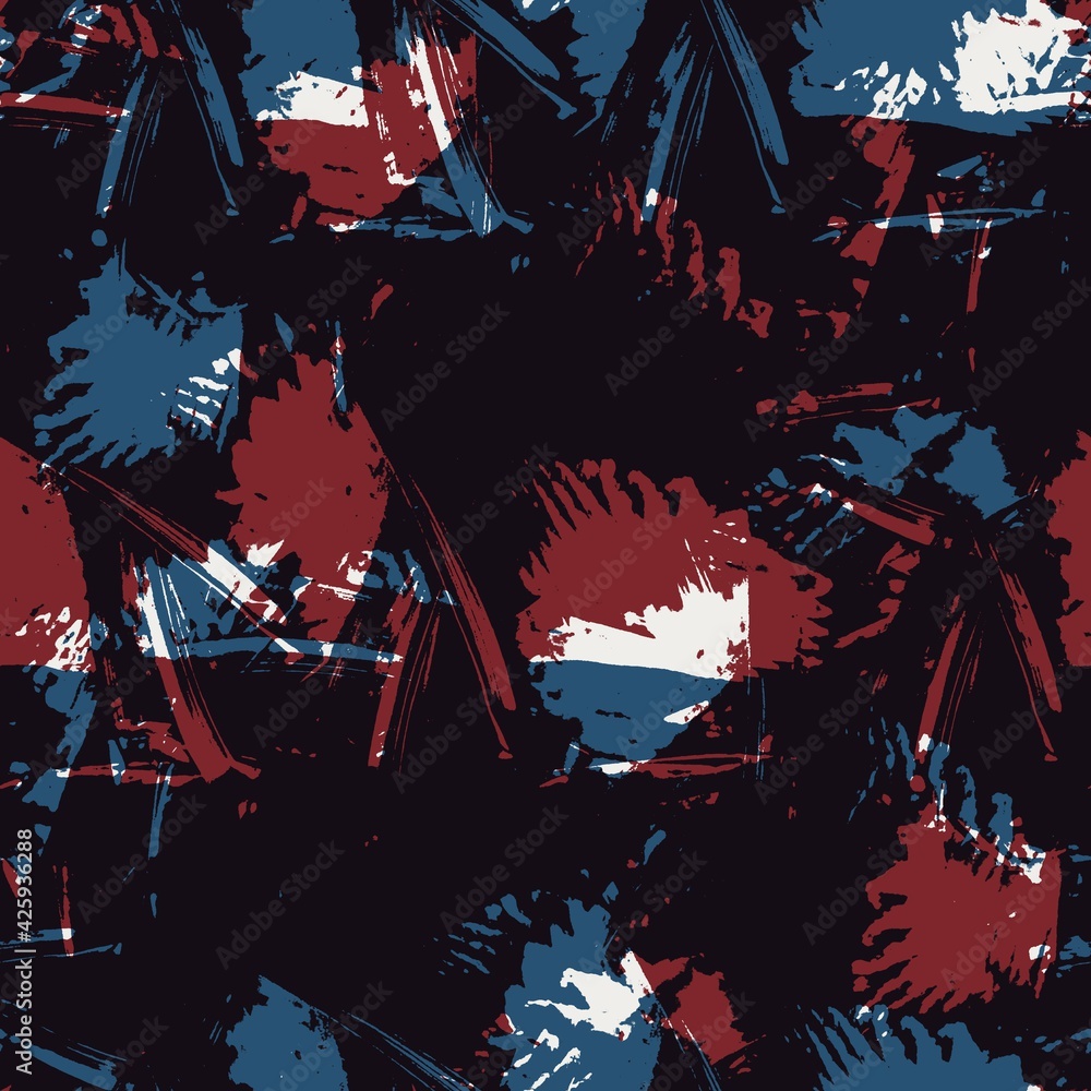 Seamless abstract floral pattern in flat red blue black white. High quality illustration. Abstract design of red and blue overlaid to form a modern attractive abstract seamless surface design.