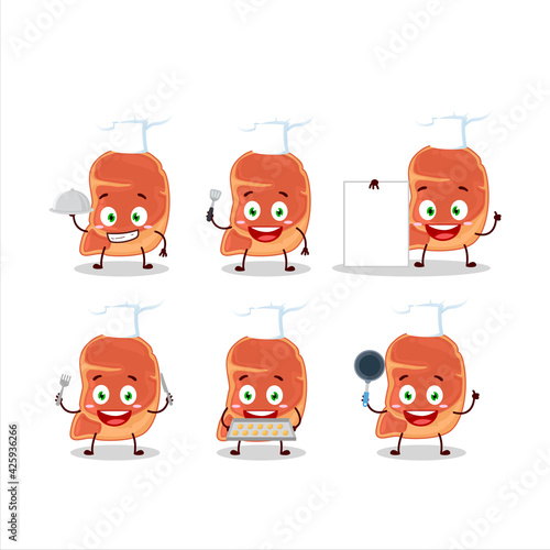 Cartoon character of steak with various chef emoticons