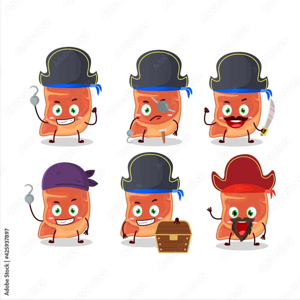Cartoon character of steak with various pirates emoticons Cartoon character of steak with various pirates emoticons