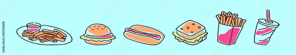 set of fast food cartoon icon design template with various models. vector illustration isolated on blue background set of fast food cartoon icon design template with various models. vector illustration isolated on blue background