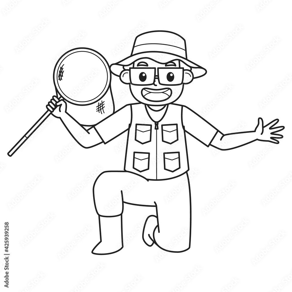 Dad Holding Fishing Nets. Character. Black and White Illustration. Coloring Book Illustration. Vector Dad Holding Fishing Nets. Character. Black and White Illustration. Coloring Book Illustration. Vector