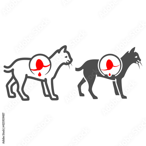 Gastritis in cat line and solid icon, Diseases of pets concept, inflammation of stomach in cat sign on white background, sick kitten icon in outline style for mobile and web design. Vector graphics.