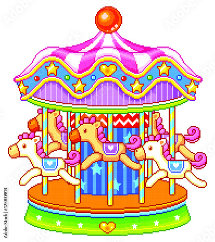 Carousel pixel art on white background.