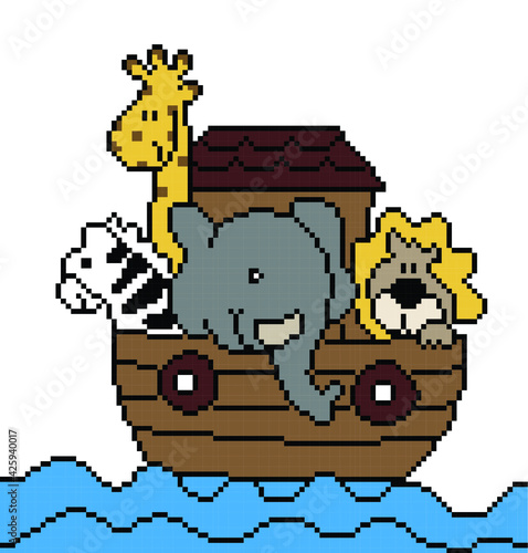 Noah's Ark pixel art on white background.