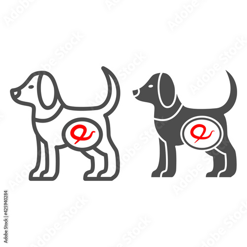 Worms in dogs line and solid icon, Diseases of pets concept, Worms intestinal parasites sign on white background, dog with worms icon in outline style for mobile and web design. Vector graphics.