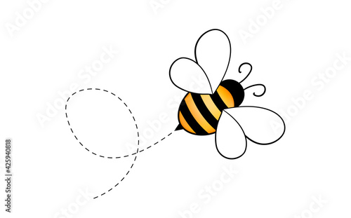 Set of cartoon bee mascot. A small bees flying on a dotted route. Wasp collection. Vector characters. Incest icon. Template design for invitation, cards. Doodle style