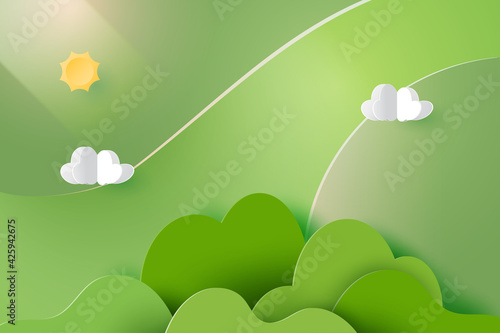 Green nature paper art abstract background.Minimal landscape scenery.Vector illustration.