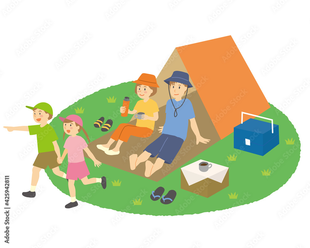 家族で屋外テント、キャンプ