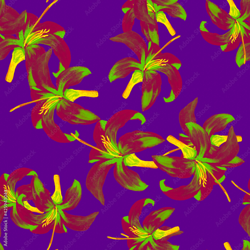Cobalt Seamless Painting. Lavender Pattern Background. Indigo Tropical Textile. Purple Flower Nature. Violet Floral Foliage. Decoration Palm. Watercolor Leaf.