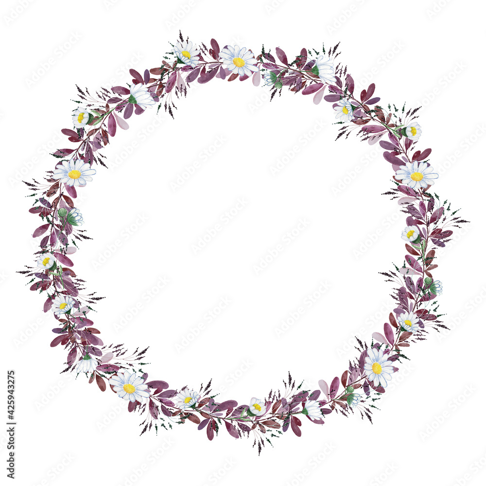 Vintage water color small purple white flower wreath frame, illustration flower art decoration concept