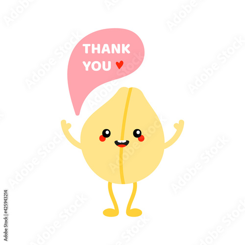 Cute cartoon style smiling chickpea, chick pea seed character saying thank you, showing appreciation.
