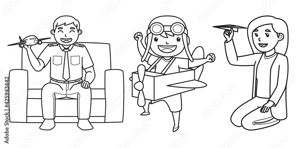 Mother, Father, and Son Characters Playing Toy Plane. Black and White Color. Coloring Book Illustration.