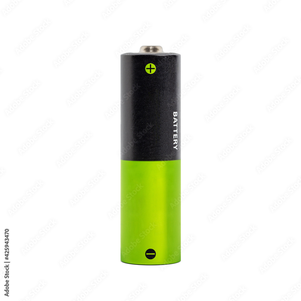One AA battery isolated on white background, closeup black and green alkaline batteries isolated on white background. One AA battery isolated on white background, closeup black and green alkaline batteries isolated on white background.