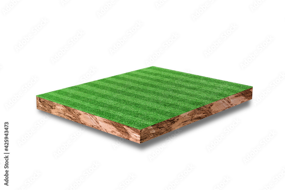 Soil cubic cross section with green grass football field isolated on ...