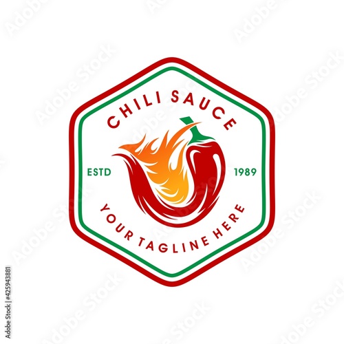 Spicy sauce logo template design with a chilli. Vector illustration.
