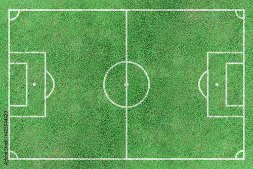 Top view stripe grass soccer field. Green lawn with white lines pattern background.