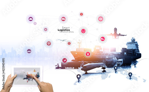 Smart Logistics international delivery concept, World map with logistic network distribution on background.background for Concept of fast or instant shipping, Online goods orders worldwide