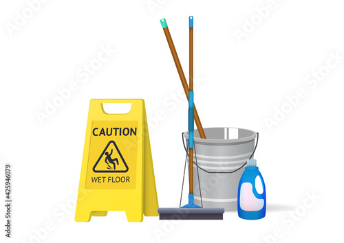 wet floor sign and bucket of water