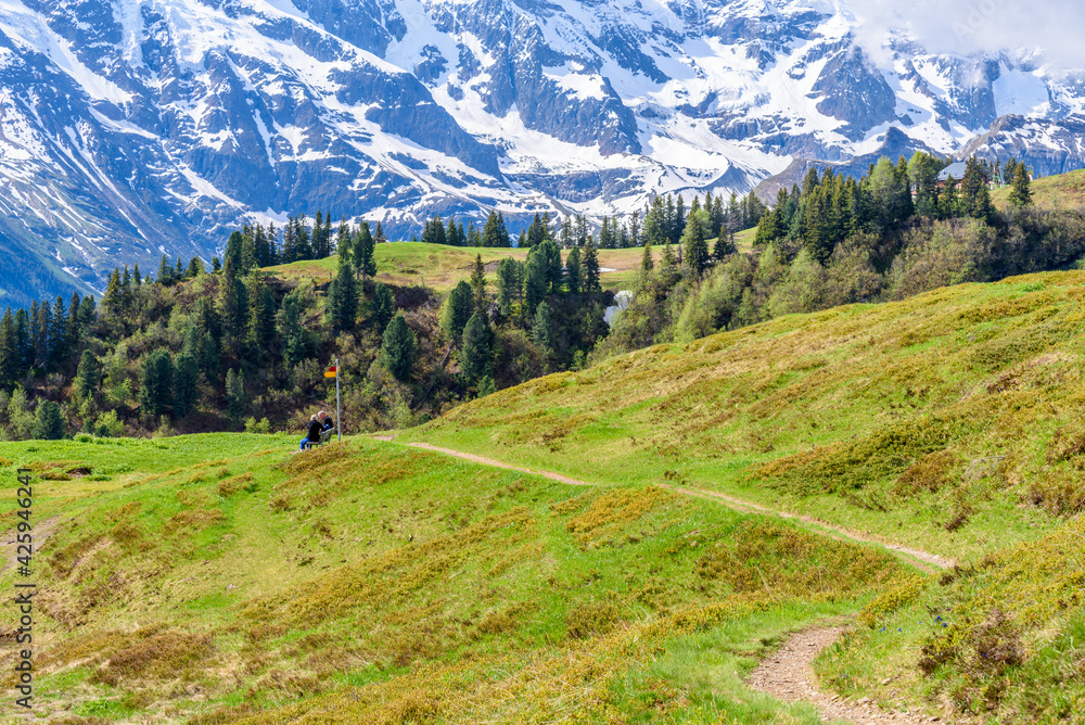 Crossing the Alps. Hiking trail in the Alps. Murren. Switzerland. Crossing the Alps. Hiking trail in the Alps. Murren. Switzerland.