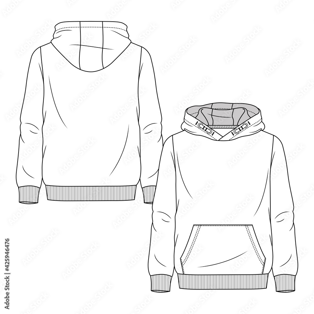 Mens Pullover Hoodie Sweatshirt with Kangaroo Pocket Flat Sketch V4 -  Designers Nexus