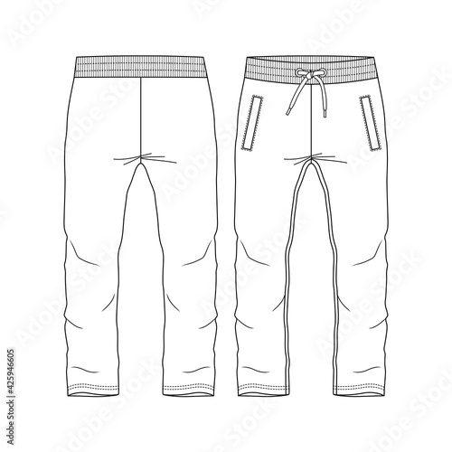 Boys Fleece Straight legs Sweat Pant fashion flat sketch template. Young Men Technical Fashion Illustration. Drawcord detail at waist