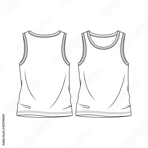 Boys Tank Top fashion flat sketch template. Young Men Sleeveless top Technical Fashion Illustration. Binding Detail at neck and armholes