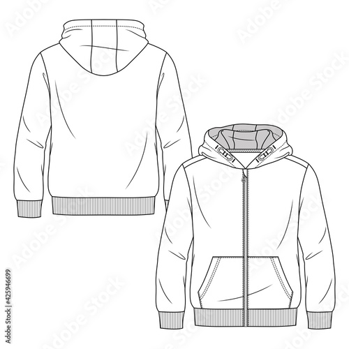 Boys Sweatshirt Hoodie fashion flat sketch template. Young men zip front top Technical Fashion Illustration. Drop Shoulders ad front pocket