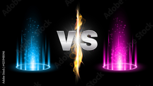 Versus fire battle with hologram podium, magic portal. MMA concept - fight night, MMA, boxing, wrestling, Thai boxing. VS of metal letters with light fire and glow. Versus battle vector.