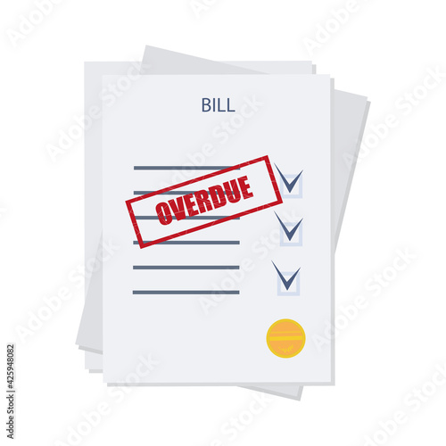 Overdue, unpaid or past due bill. An expense document, with a delay in payment . Debt or past purchase notice.Financial data, stamp, red mark. Vector