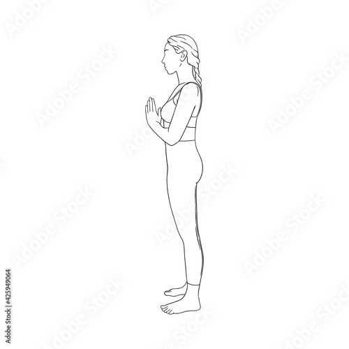 Meditating yogi woman. Hatha yoga prayer pose. Engraved vector illustration in white background